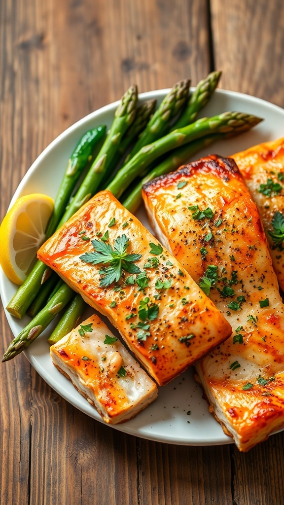 Seasoned salmon fillets garnished with herbs, served with asparagus and lemon on a rustic table.